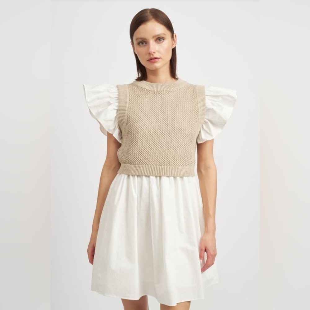 En Saison Freya Mixed Media Ruffle Sleeve Overlay Mini Dress Light Taupe Small - Picture 2 of 7